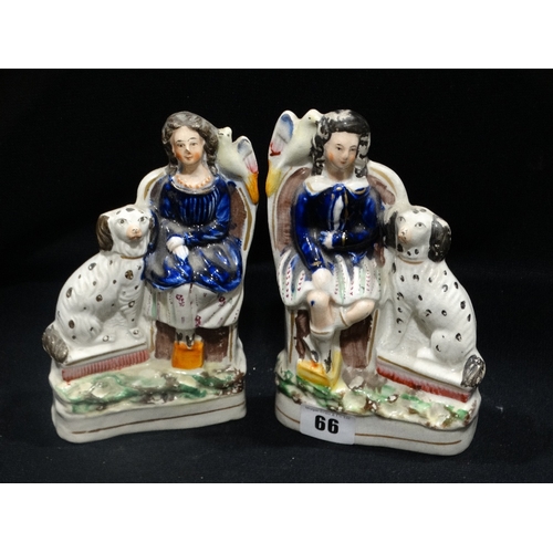 66 - A Pair Of Staffordshire Pottery Figure & Dog Groups, 7.5