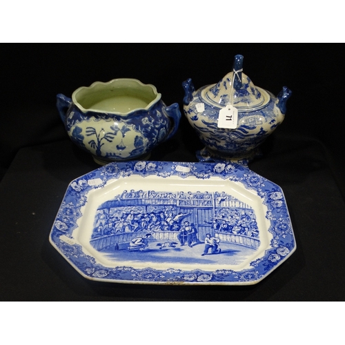 71 - A Blue & White Transfer Decorated Meat Plate, Together With Further Blue & White Pottery