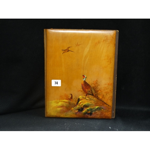 74 - A Wooden Book Cover With Painted Scene Of Pheasants