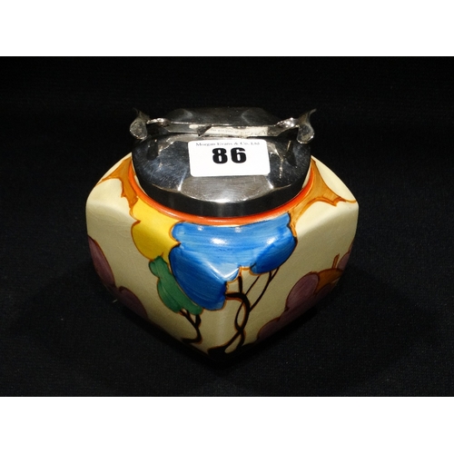 86 - A Clarice Cliff Bizarre Ware Sugar Bowl & Cover, In The House & Bridge Pattern,  3.5