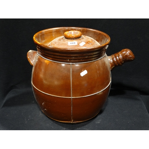 100 - A Large Brown Glazed Casserole Pot & Cover