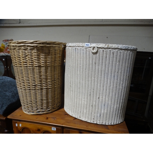 545 - A Loom Linen Basket, Together With A Wicker Basket