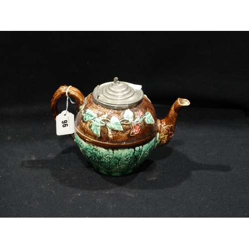 96 - A Late Victorian Majolica Glazed Pewter Lidded Teapot