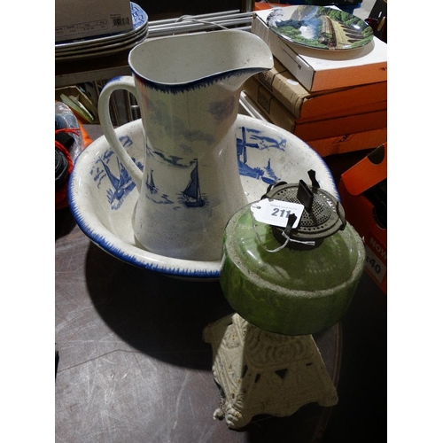 211 - A Pottery Wash Jug And Basin Together With An Oil Lamp