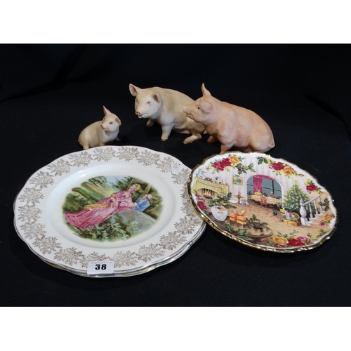 38 - Three Circular Royal Albert Plates, Together With Three Ceramic Pigs