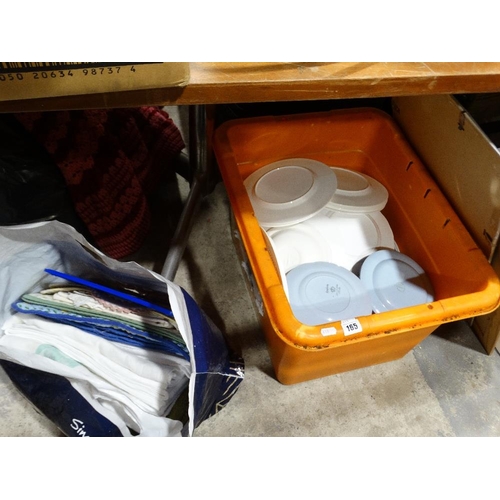 165 - A Box Of Kitchen Crockery, Together With A Bag Of Table Linen Etc