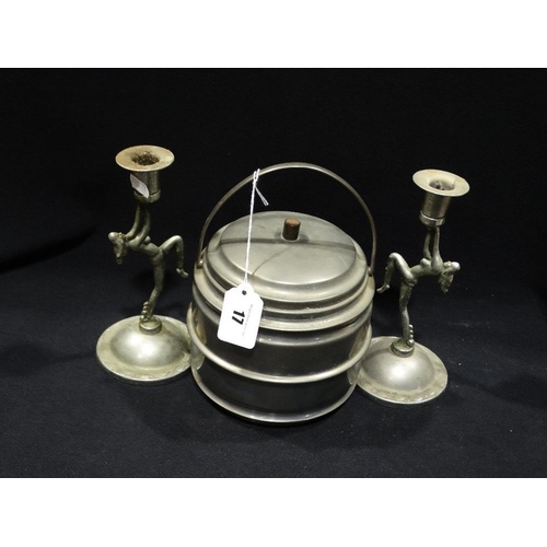 17 - A Pair Of Art Deco Period Dancing Figure Candle Holders, Together With An Art Deco Biscuit Barrel