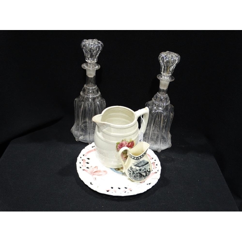 21 - A Victorian Souvenir Ribbon Plate, Together With A Pair Of Glass Decanters Etc