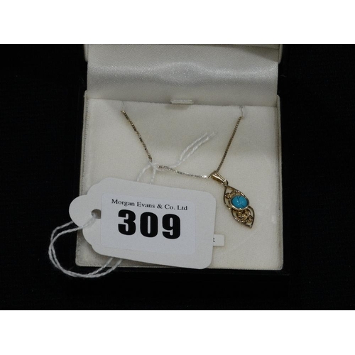 309 - A Sterling Silver & Turquoise Set Pendant On A Fine Link Chain