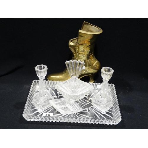 40 - An Art Deco Period Glass Dressing Table Set, Together With A Cast Brass Boot Vase