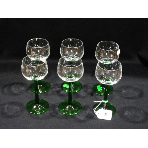 3 - A Set Of Six Green Tinted Wine Glasses