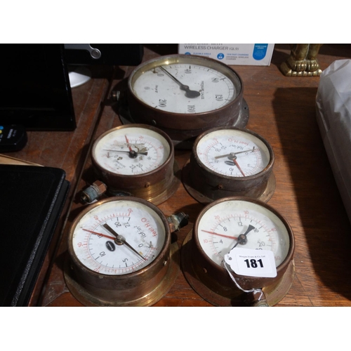 181 - A Group Of Five Vintage Brass Framed Pressure Gauges