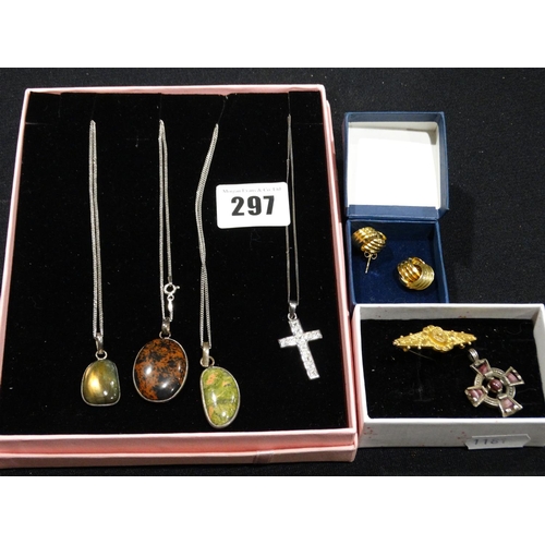 297 - A 9ct Gold Bar Brooch Together With Three Silver And Gemstone Pendants Etc