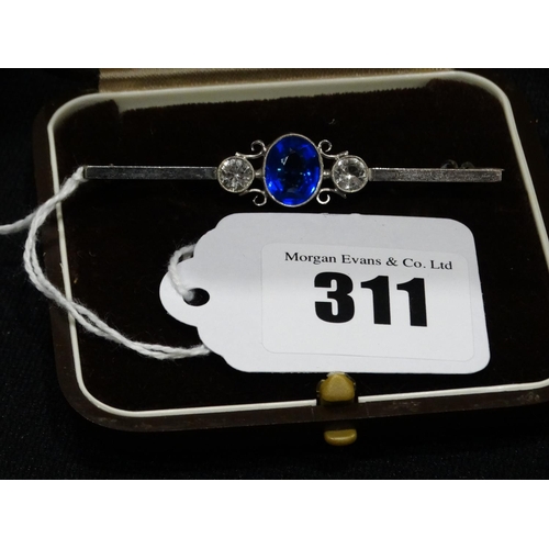 311 - A 9ct White Gold Blue Stone Bar Brooch