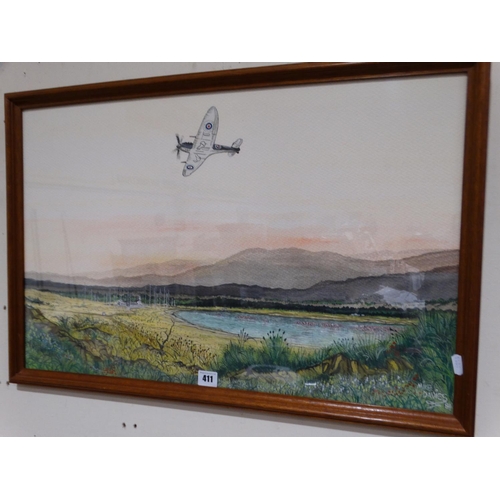 411 - Mike Davies Watercolour Landscape View Of Spitfire In Flight