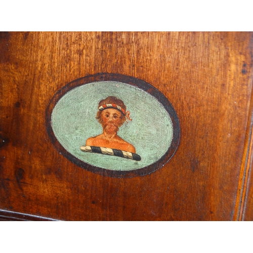 521 - A Pair Of Antique Regency Mahogany Hall Chairs With Painted Portrait Panel Backs, Sabre Front Leg