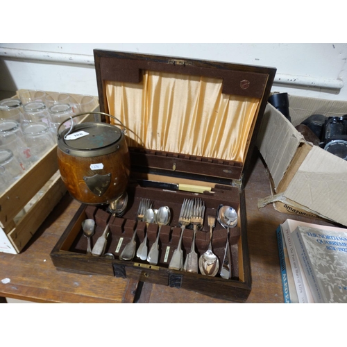 106 - An Oak Biscuit Barrel, Together With A Canteen Of Cutlery