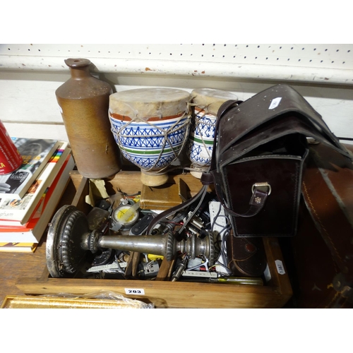 203 - A Box Of Various Miscellaneous Items, To Include A Miniature Bongo