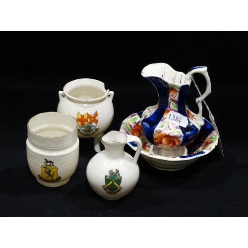 36 - A Miniature Gaudy Welsh Pottery Jug & Basin, Together With Crested China