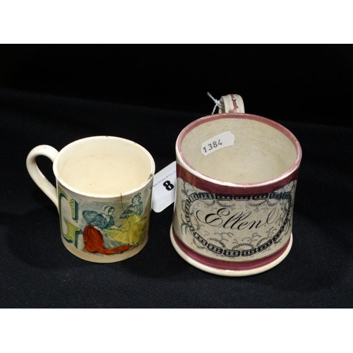 8 - A 19thc Sunderland Pink Lustre Baptismal Mug, Together With Another Staffordshire Pottery Mug