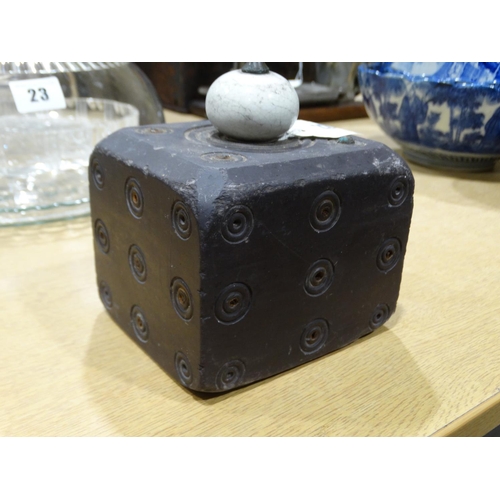 22 - A 19thc Welsh Slate Door Stop, With Folk Art Roundels & A Porcelain Knob, 4