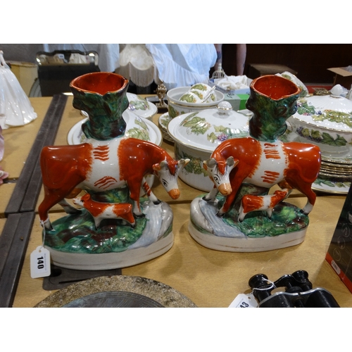 140 - A Pair Of Staffordshire Pottery Cow & Calf Spill Holder Groups, 11