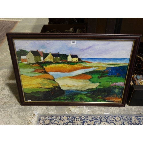 203 - Owen Meilir, Oil, Coastal View With Buildings, Signed 19.5 X 30