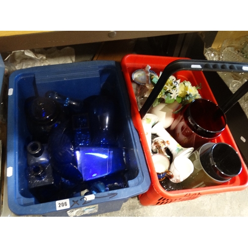 206 - A Box Of Blue Glassware, Together With A Box Of Mixed Pottery