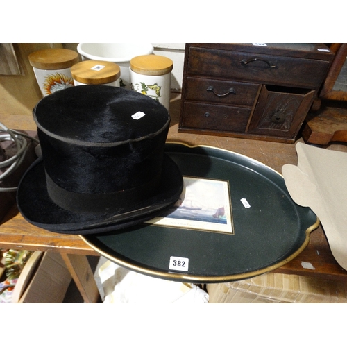 382 - A Mid Century Serving Tray, Together With Two Vintage Top Hats