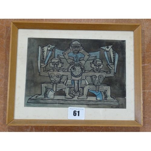 61 - Karel Lek, Abstract Study Of Three Tribal Type Figures, Signed 5 X 7.5