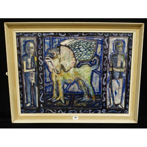 40 - Karel Lek, Oil On Board Abstract Study Of A Mythological Creature And Figures Signed 18x25 Inches