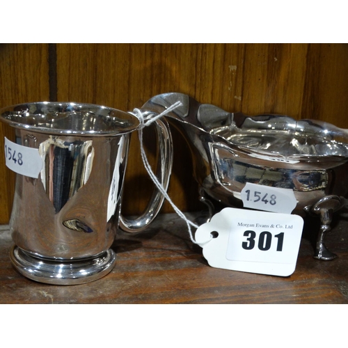 301 - A Silver Sauce Boat (Af) Together With A Small Silver Christening Mug