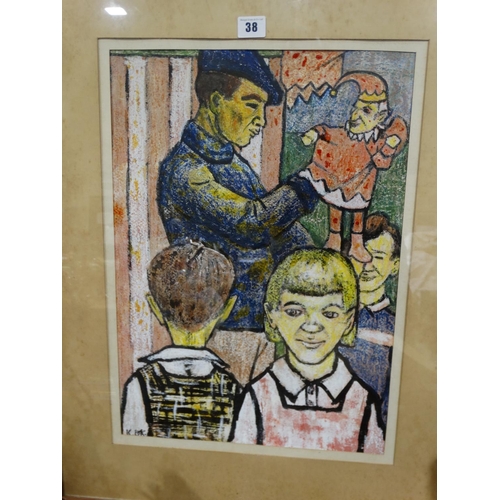 38 - Karel Lek, Gouache Titled Punch And Judy Man Signed 19x13.5 Inches