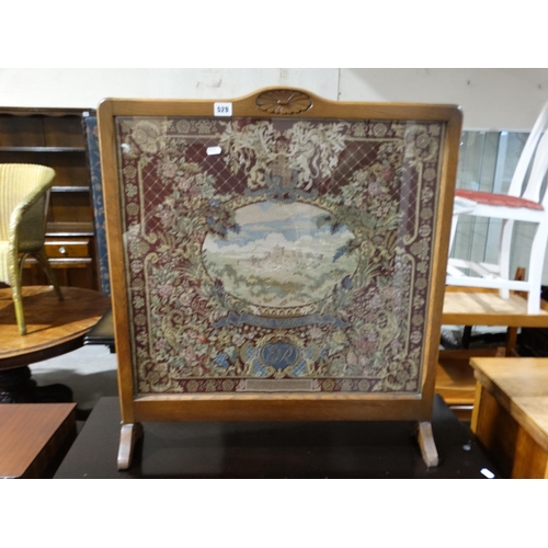 529 - An Oak Framed Stitch work Fire Screen With View Of Royal Windsor