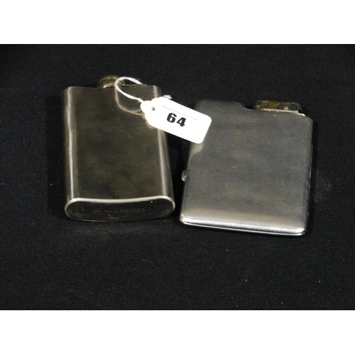 64 - A White Metal Hipflask Together With A Plated Cigarette Case And Lighter