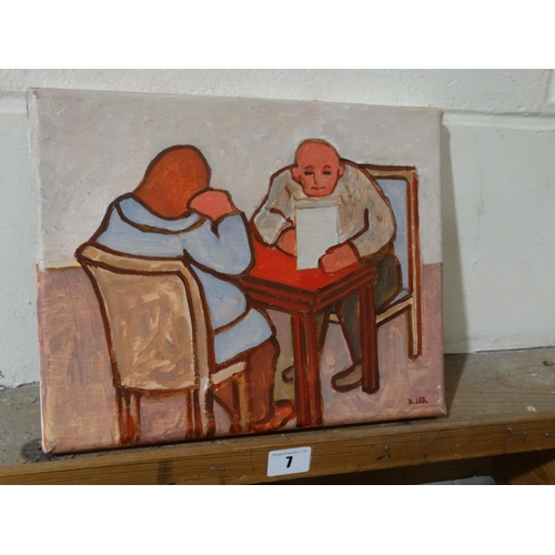 7 - Karel Lek, Oil On Canvas, Study Of A Couple At A Table Signed 9.5x12 Inches