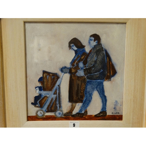 9 - Karel Lek, Oil On Canvas, Study Of Couple And Push Chair Signed 11.5x11.5 Inches