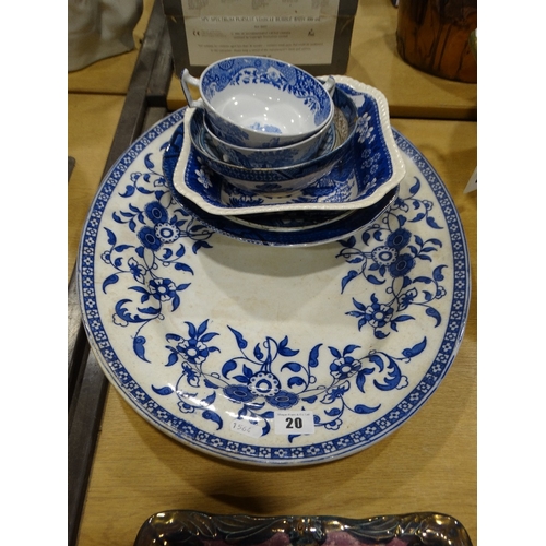 20 - A Blue & White Transfer Decorated Meat Plate, Together With Further Blue & White Pottery