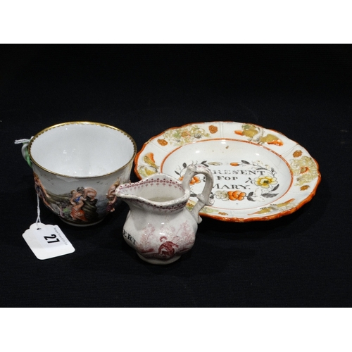 27 - A Miniature Staffordshire Pottery Transfer Decorated Cream Jug, Marked Robert, Together With A Nurse... 