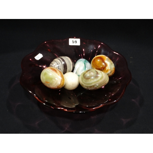 59 - A Ruby Tinted Fruit Bowl, Together With A Qty Of Decorative Stone Eggs