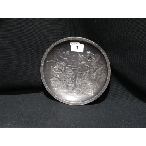 1 - A Circular White Metal Dish With Relief Panel Of Japanese Figures