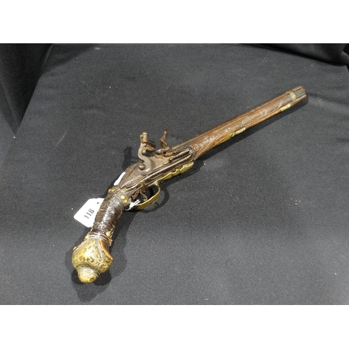 118 - A Caucasian Flintlock Holster Pistol With Dummy Ramrod & Leather Wrist Binding