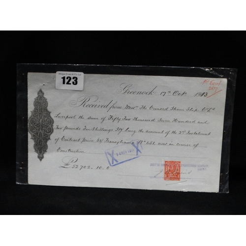 123 - An Original Billhead Receipt From October 1913 For Cunard Steamship Company Ltd, Relating To SS Tran... 