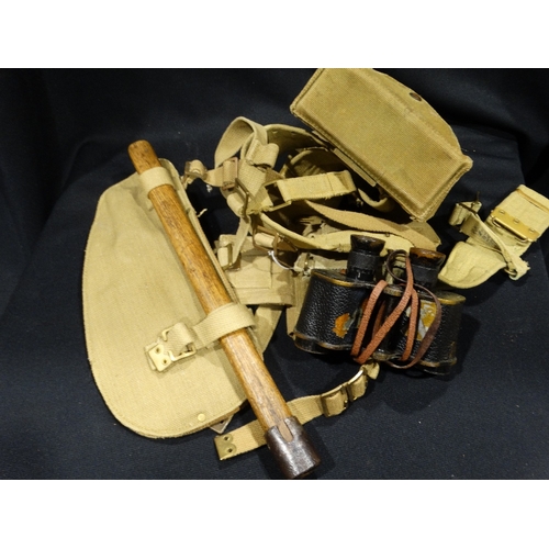 198 - A 2nd World War British Army Battle Order Webbing Set With Binoculars & Trenching Tool