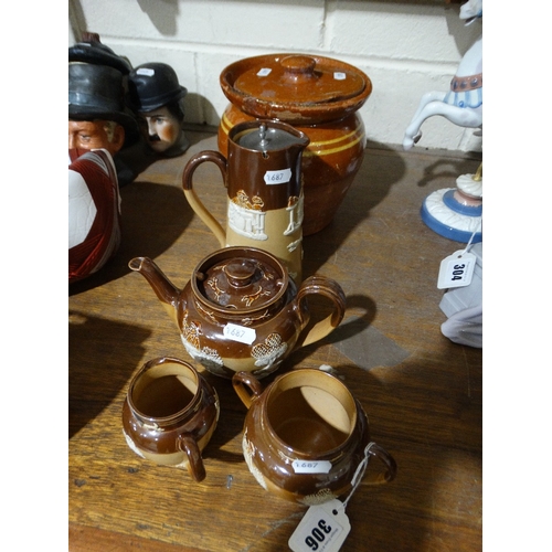 306 - A Royal Doulton Stoneware Four Piece Tea Service, Together With Slipware Decorated Jar & Cover