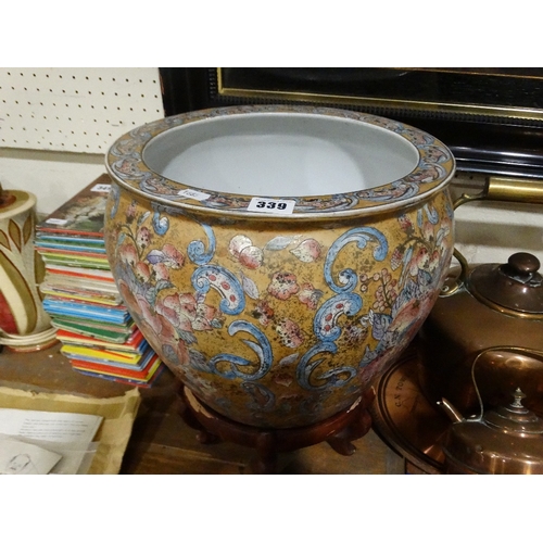 339 - A 20thc Oriental Floral Decorated Jardiniere On A Hardwood Stand