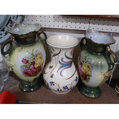 344 - A Pair Of Edwardian Pottery Vases, Together With A Honiton Pottery Vase