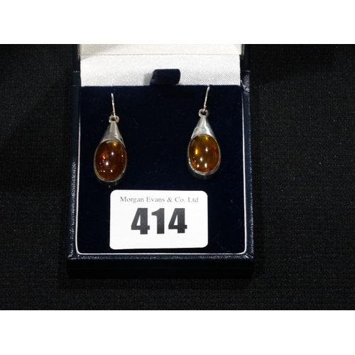 414 - A Pair Of Amber & Silver Earrings