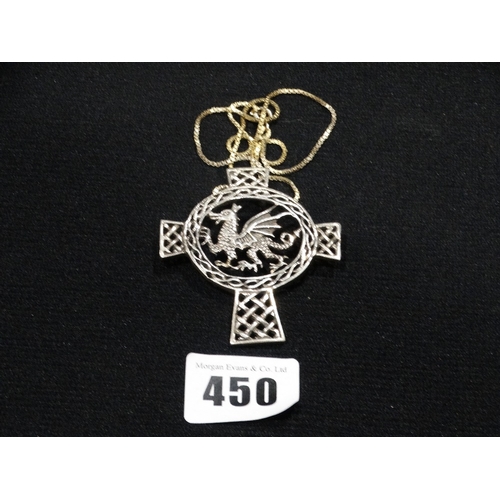 450 - A Silver Welsh Dragon & Celtic Cross Pendant On A Chain