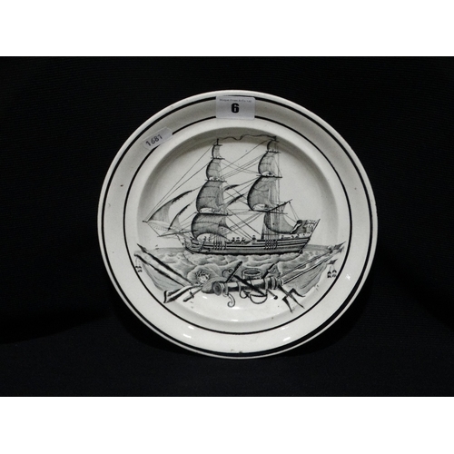 6 - A Dillwyn Swansea Circular Pottery Ship Plate With Black Transfer Panel, 9